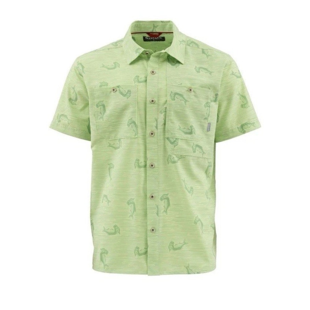 Simms Shirt Mens Large Green Fish Print Short Sleeve Bottom Up Outdoor Fishing